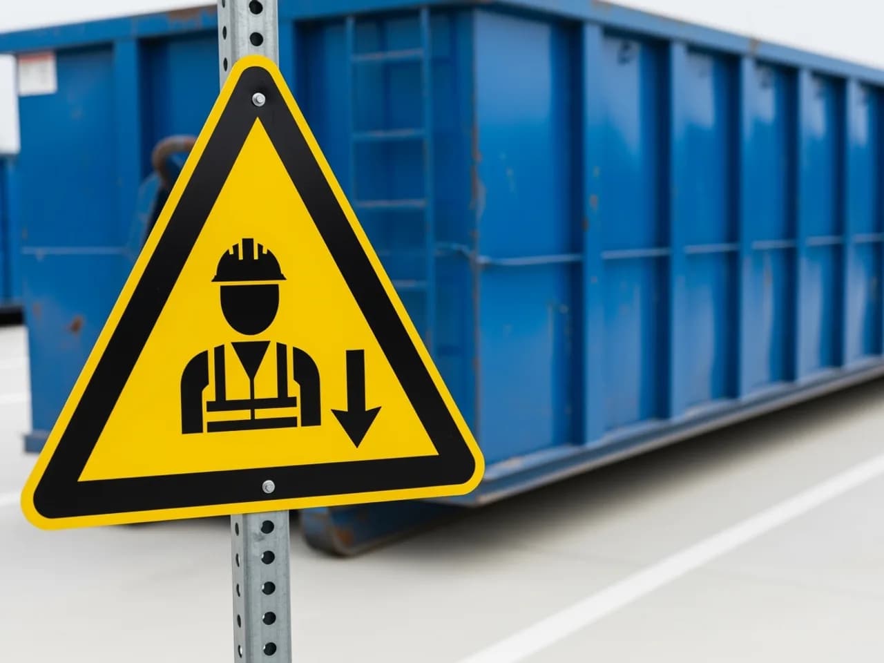 Hazardous materials warning sign near a dumpster