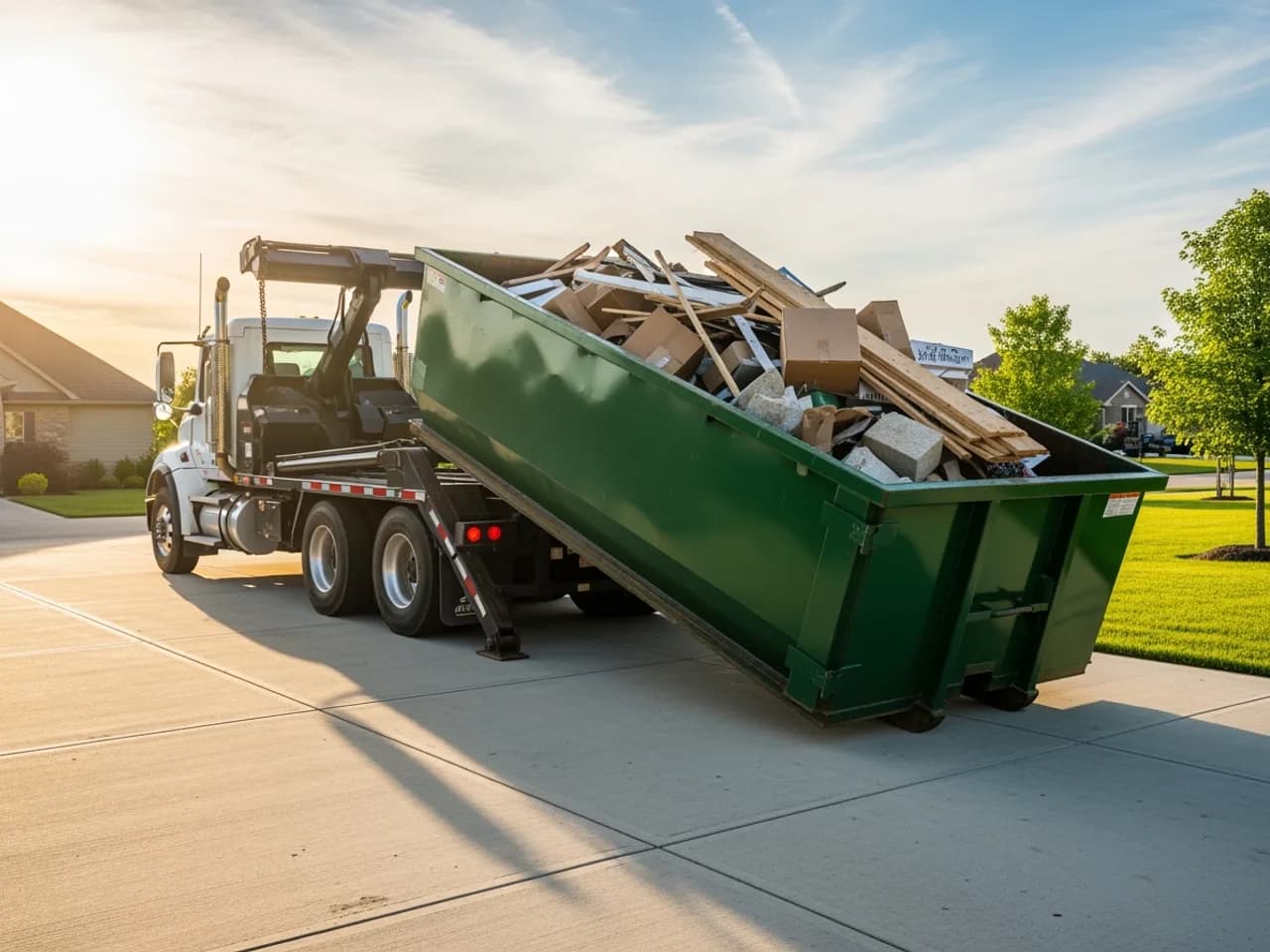 Truck hauling away a full roll-off dumpster