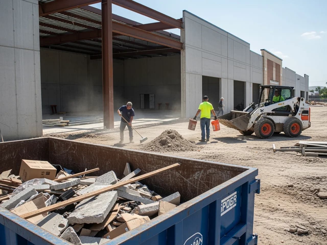 Commercial jobsite cleanup with roll-off container