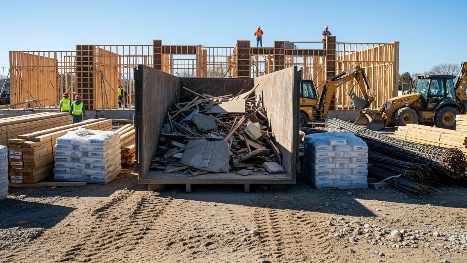 Construction site roll-off dumpster with debris