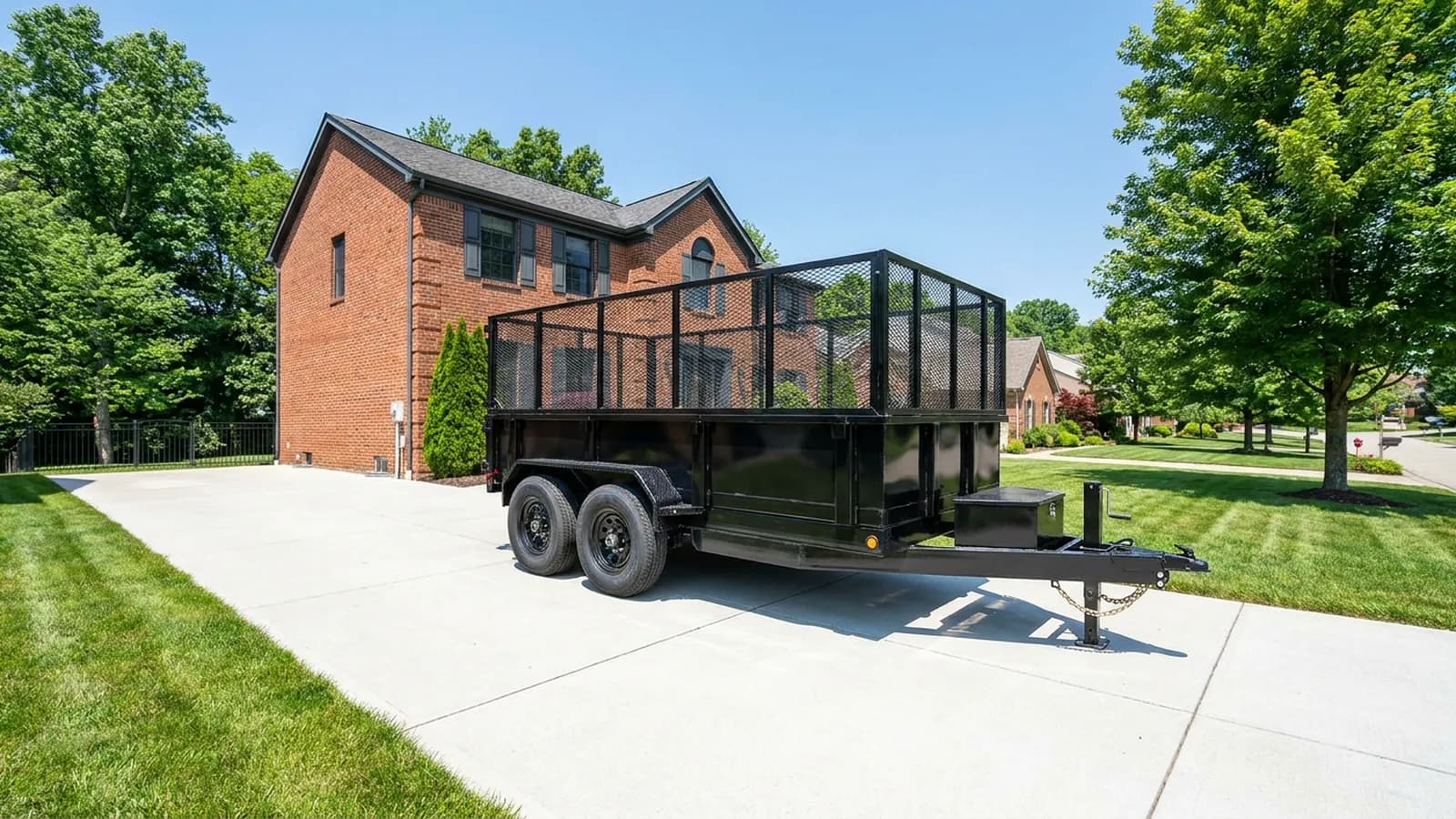Driveway-safe dump trailer delivered in a residential driveway
